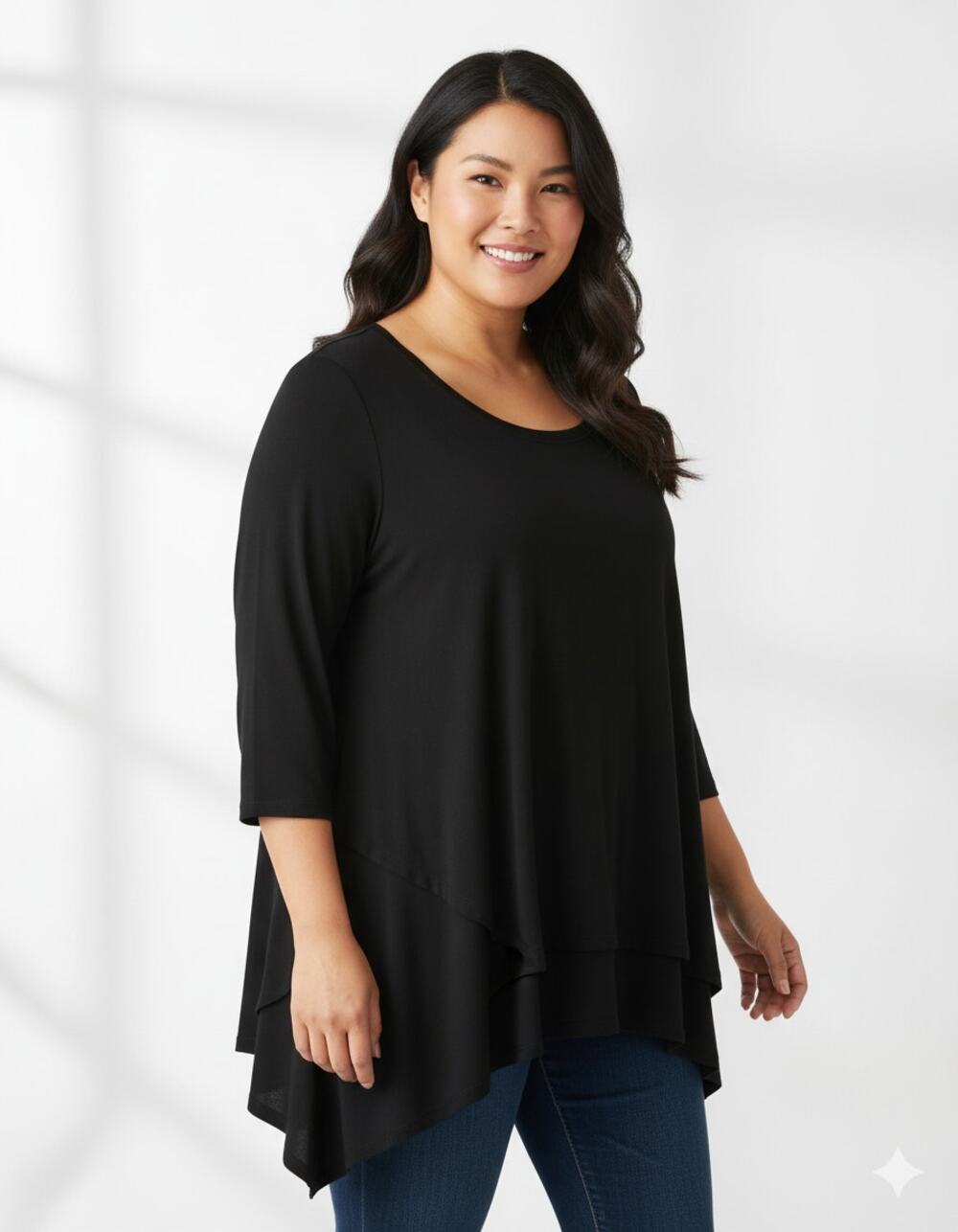 Cable & Gauge Women 3x Black Classic Pointed Hem Shark Bite 3/4 Sleeve top